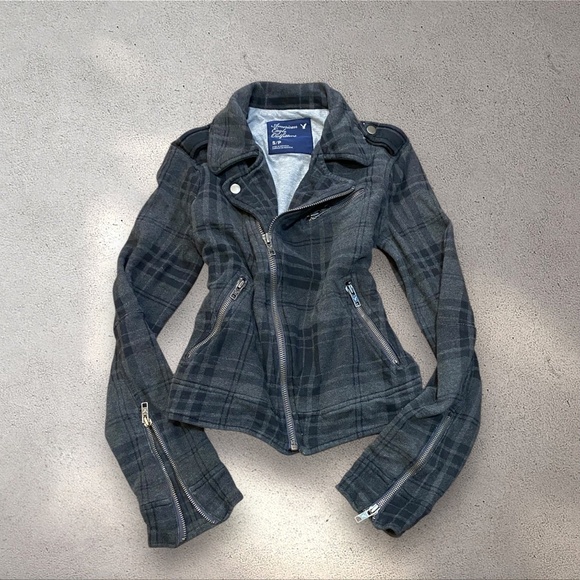 !! SOLD DO NOT BUY !!American Eagle Outfitters Dark Grey Plaid Moto Biker Jacket - Picture 1 of 7